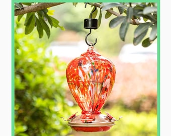 34oz. Floral Balloon Vintage RED Hummingbird Feeder, Glass Hummingbird Feeders for Outdoors Hanging |CMNTD194