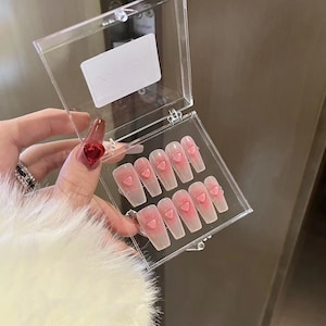 Pastel Pink 3D heart nails long nail press on nail cute handmade Sweet Gradient light pink fake nail set gel nail-Dorisnail image 1