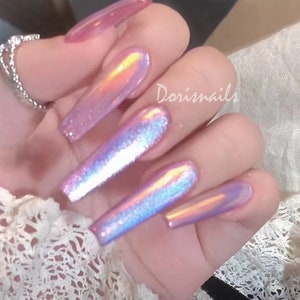 Shiny pink cat eye glitter stunning gel nails glossy purple pearl aurora long ballerina press on nails trendy fake nails