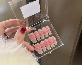 Pastel Pink 3D heart nails long nail press on nail cute handmade Sweet Gradient light pink fake nail set gel nail-Dorisnail