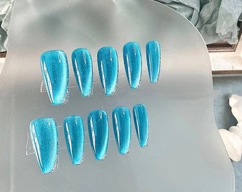 Blue silk long Coffin nail Shiny silver glitter handmade press on nail blink fake nail-Dorisnail