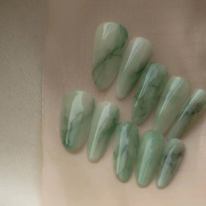 Jade Series-jade bunny decor hand painted marble ombre nails elegant classic light green press on nails