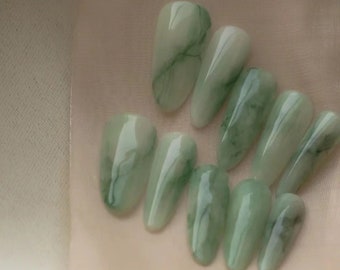 Jade Series-jade bunny decor hand painted marble ombre nails elegant classic light green press on nails