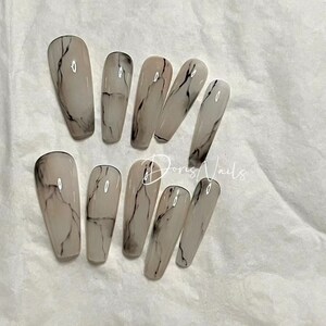 Light brown marble blooming nails long coffin press on nails handmade fake nails-Dorisnais