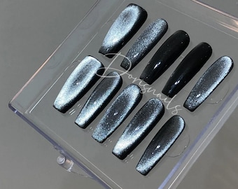 Dark Moon-Classic black cat-eye glitter simple design shiny gel press on nails-Dorisnails