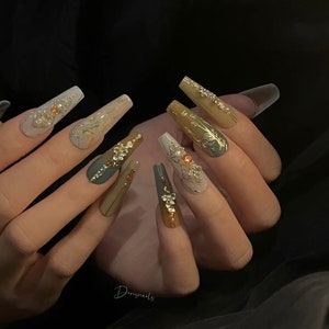 Golden koi-Yellow ombre luxury gold hand-painted auspicious clouds&koi Orange diamond floral luxury traditional press on nails-Dorisnails