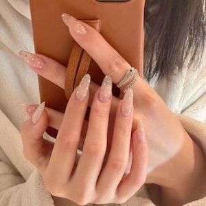 Milk White Nails cute Champagne color Point 90S style Classic minimalist long fake nails holiday press on nails-Dorisnail