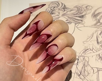 Red Bloodbath -Y2K White long stiletto Burgundy ombre Red Abstract lines punk party press on nails-Dorisnails