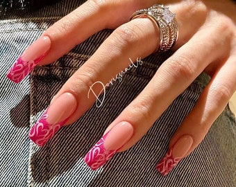 Barbie Pink French Cute trendy love handmade long square nails press on nails Pink gel nails-Dorisnails