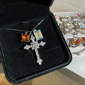 Luxury Diamond Cross Necklace Square y2k 925 sliver rhinestone Jewelry shiny Handmade necklace gift idea-Dorisnails
