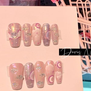 Pink Planet-cute love hand painted moon clouds pink nails diamond long nails glitter cat eye effect y2k style shiny press on nails-Dorisnail