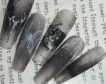 Eclipse-Black watercolor Minimalist ombre Nails Hand-Painted White Butterfly Silver Moon Nails Punk Y2K Long Coffin Press On Nails-Dorisnail