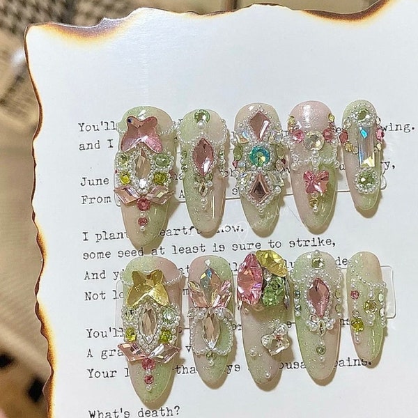 Jardin d’Eden-Rose & Ombre Luxe Perles Diamant design kawai ovale presse sur ongles-Dorisnails