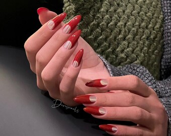 Minimalist Style ruby Red French Style nails Silver French gel nails long pointy press on nails-Dorisnails