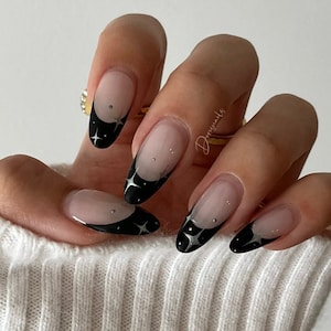 Minimalist black French tip Classic nails hand painted Silver star oval shape press on nails-Dorisnails