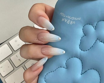 baby Blue ombre minimalist summer nails long almond silver dots cute handmade press on nails-Dorisnails