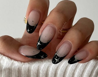 Minimalist black French tip Classic nails hand painted Silver star oval shape press on nails-Dorisnails