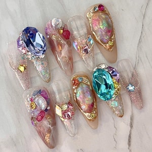 Gem Bible-rainbow Color 3D Diamond Luxury Press on Nails Gold - Etsy