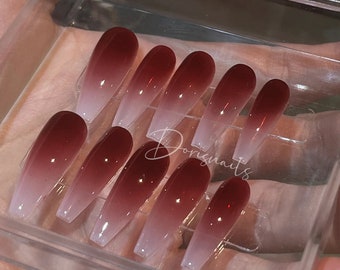 Bloody Killer-Burgundy ombre Long coffin nails White Gradient Classic y2k press on nails cool handmade gel Dark red party nails-Dorisnails