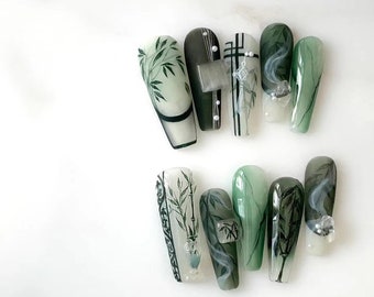 Bamboo-Hand-painted watercolor luxury traditional style inspired by bamboo forest floral gel nails set green ombre white french tip nails