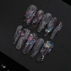 Purple Fairy Butterfly-White Watercolor ombre nails Hand-painted Butterfly nails Long coffin Diamond glitter gel Glitter press on nails