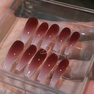Bloody Killer-Burgundy ombre Long coffin nails White Gradient Classic y2k press on nails cool handmade gel Dark red party nails-Dorisnails