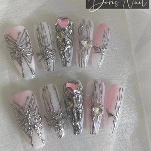 Pink gradient white punk y2k style silver hand-painted butterfly chain decoration pink diamond original press on nail long coffin nail