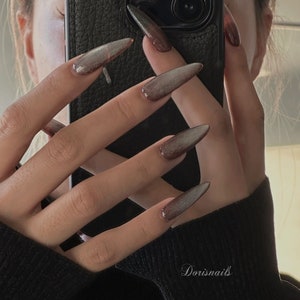 Taupe brown cat eye glitter nails shiny handmade glitter press on nails long almond pointy glossy trendy gel nails winter fake nails-Doris