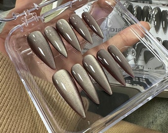 Classic brown cat eye glitter nails shiny handmade glitter press on nails long pointy glossy trendy gel nails stunning party nails-Doris