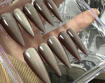 Shiny brown cat eye glitter nails handmade glitter press on nails long pointy glossy trendy gel nails stunning party nails-Doris