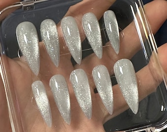 Fall into Milky Way sparkling stunning grey Starlight silver crystal cat Eye Nail daily Cool hot Girl glossy fake gel press on nails-Doris