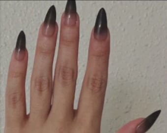 Black ombre long pointy trendy press on nails handmade fake nails Minimalist style blackj gel glossy nails