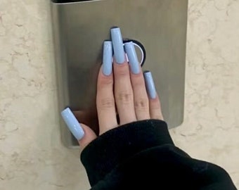 Classic baby blue long square fake nails handmade glossy blue gel press on nails trendy nails