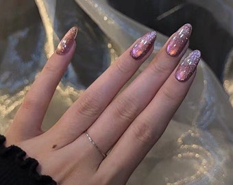Crystal ball-Purple cat eye glitter nails shiny glossy purple nails almond fake nails handmade trendy press on nails stunning party nails