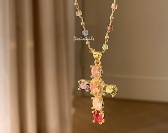 Colorful rhinestone cross Crystal necklace niche premium clavicle chain women's Fashion Jewelry Gift For her shiny luxuey rainbow chain