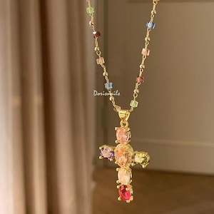 Colorful rhinestone cross Crystal necklace niche premium clavicle chain women's Fashion Jewelry Gift For her shiny luxuey rainbow chain