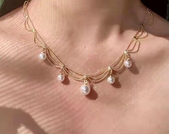 Elegant gold complex Multilayer courtly style necklace gold plated necklace Bridesmaid Jewelry Freshwater Pearl Dangle Choker-Dorisnails