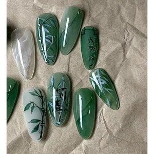 Bamboo&jade-Original-Emerald Green hand-painted bamboo white ombre Nails calligraphy press on Nails unique jade decoration-Dorisnails