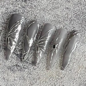 mercury butterfly-grey long stiletto nails silver hand painted butterfly y2k press on nails