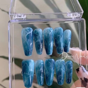 Blue shading long coffin nails handmade press on nails fake nails-Dorisnails
