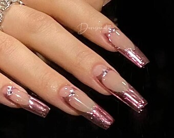 Pink Metallic Gloss French tip Shiny Metallic Style long square press on nails Diamond pink press on nails-Dorisnails