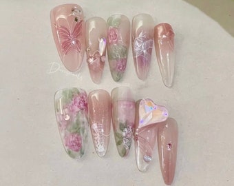 Spring date-Pink Watercolor Butterfly & Rose Pretty floral nails Diamond glitter nails Elegant press on nails Long almond nails-Doris