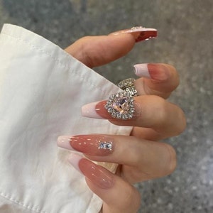 Hot Girl Pink Glitter Fake Nails with 3D Rhinestones Butterfly Press On  Nails