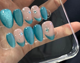 aqua blue shiny cat eye glitter press on nails handmade short press on nails kawai trendy stars gem short blue nails handmade summer nails