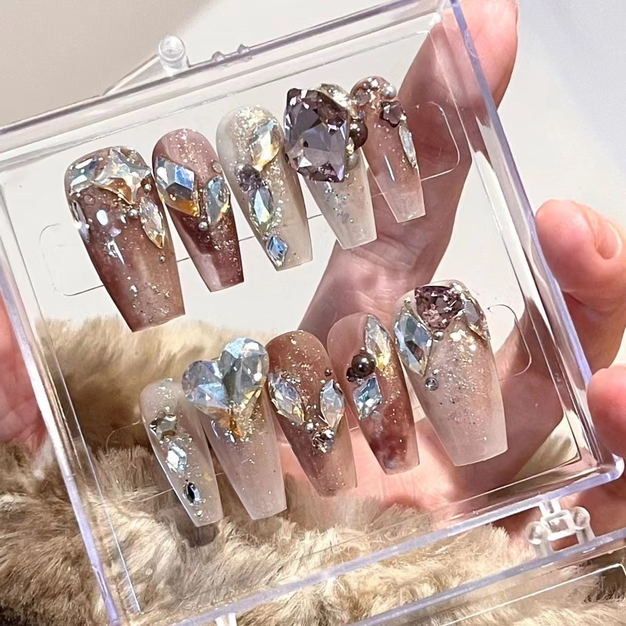Glitter Large Crystal False Nails 24pcs 3D Rhinestone Pearl Decor