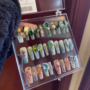 Christmas Tree emerald Green Luxury Diamond Ombre Nails Botanical Gold Rhinestone Shiny