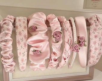 Pink rose hairband collection-Pink cute girl style silk romantic hair accessories handmade hair hoop