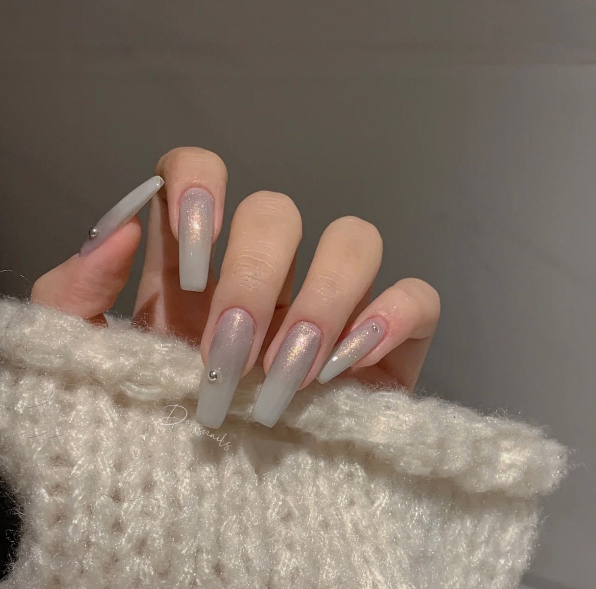 Milky White Ombre Glitter Nails Pink Pearl Gloss Diamond Gel Etsy