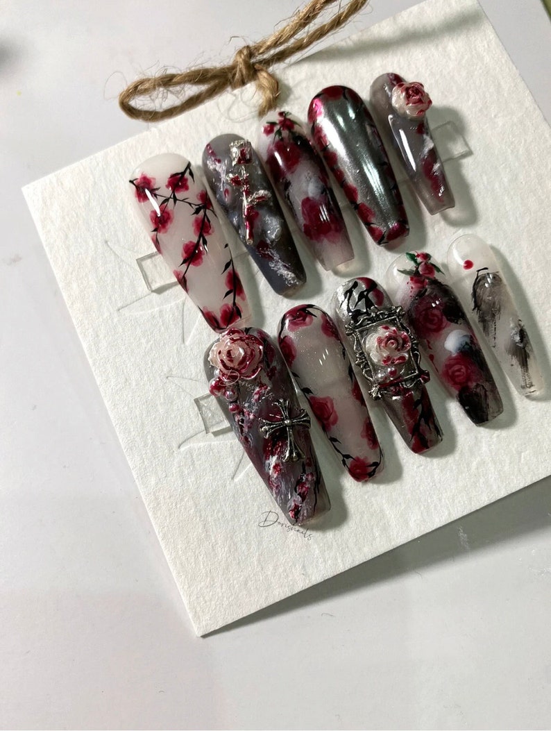 Rose trap-Hand painted Black Briar Red Rose Blood ombre nails sliver punk y2k press on nails black floral gel nails-Dorisnails image 1
