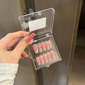 Pastel Pink 3D heart nails long nail press on nail cute handmade Sweet Gradient light pink fake nail set gel nail-Dorisnail image 8